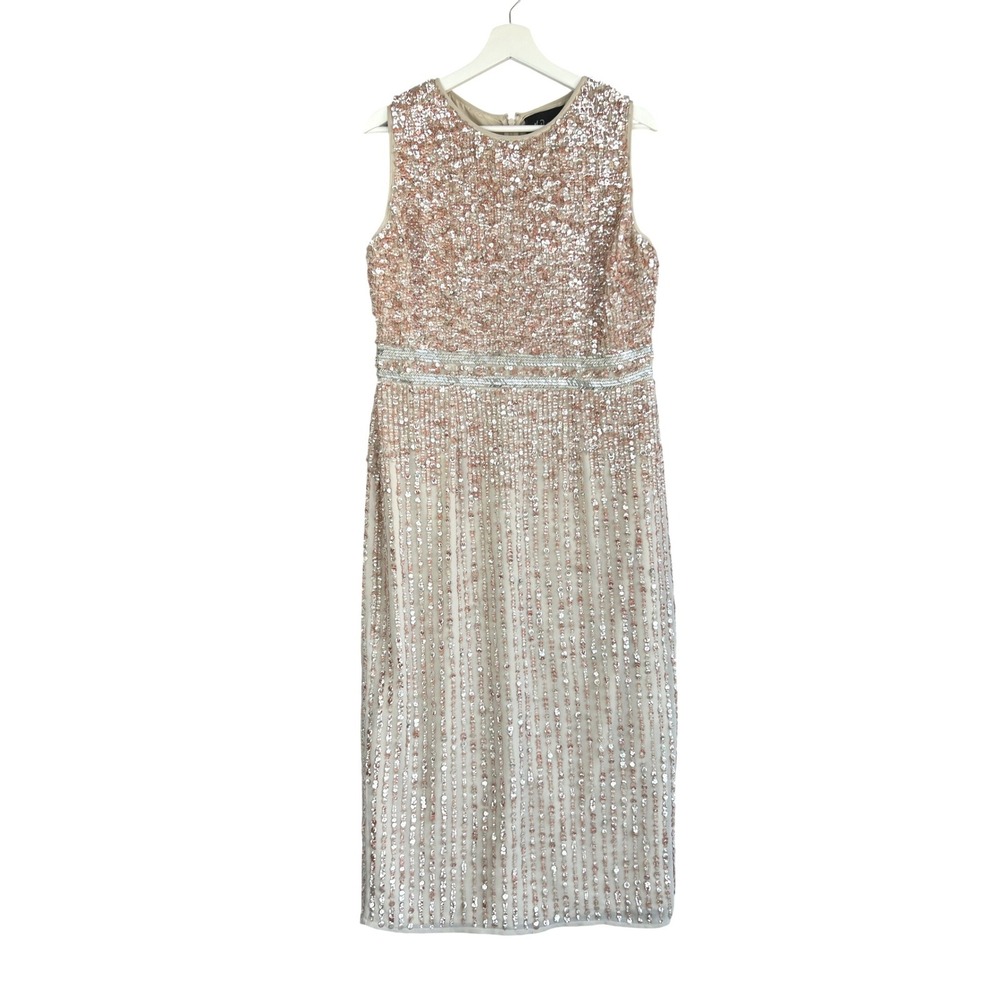 Mac Duggal Rose Gold Sequin Linear Beaded Waist Midi Sheath Dress Womens 10